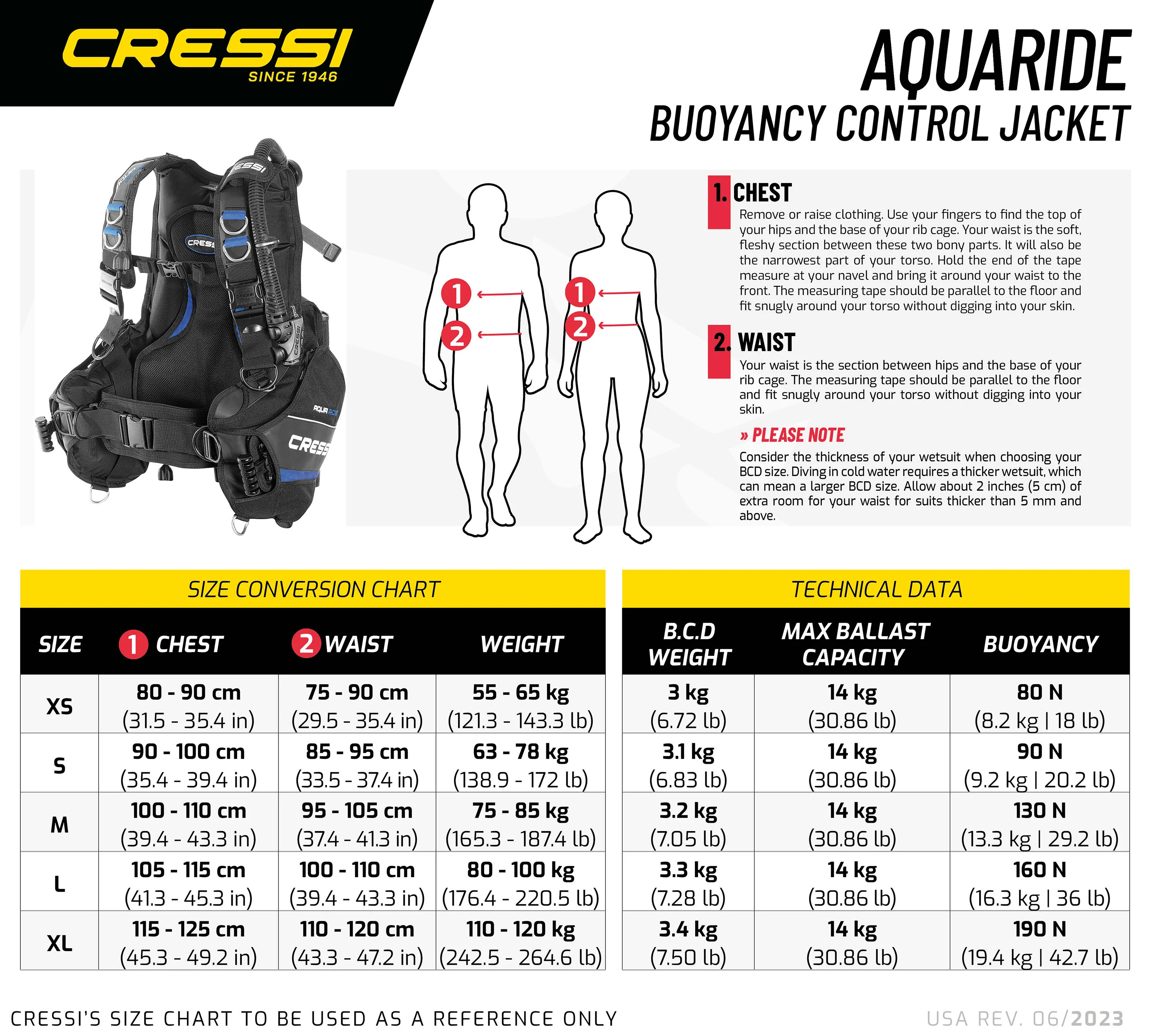 Tabela rozmiarów - Cressi Aquaride