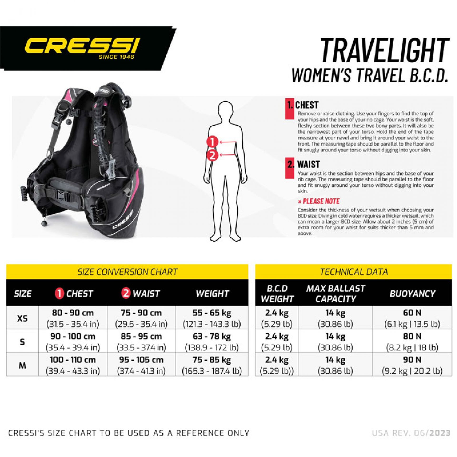 Tabela rozmiarów Cressi Travellight Lady