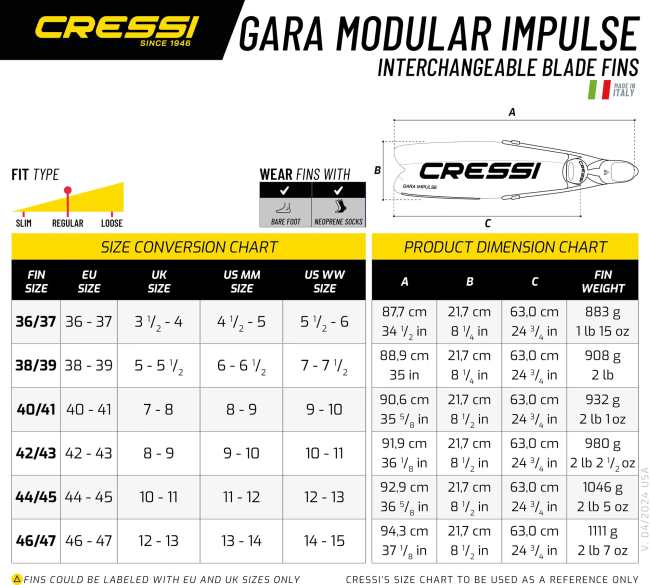 Tabela rozmiarów Cressi Gara