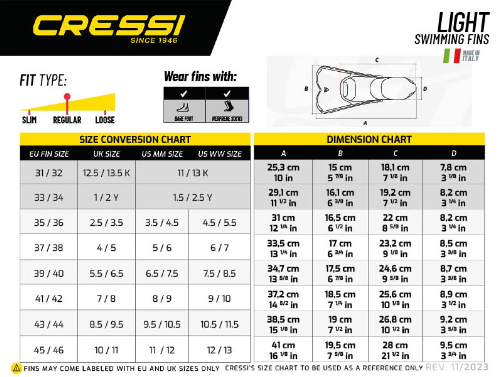 Tabela rozmiarów - Cressi Light